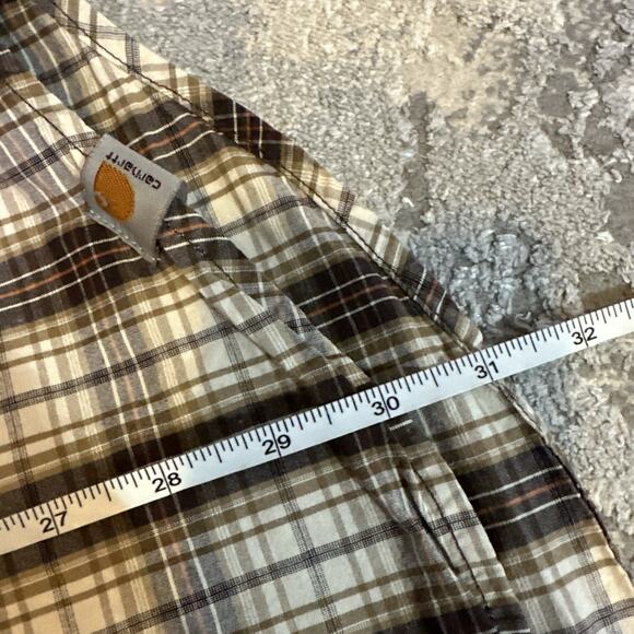 Carhartt Relaxed Fit Short Sleeve Button Down Shirt Brown Plaid Pocket Men's Lg - Picture 7 of 8